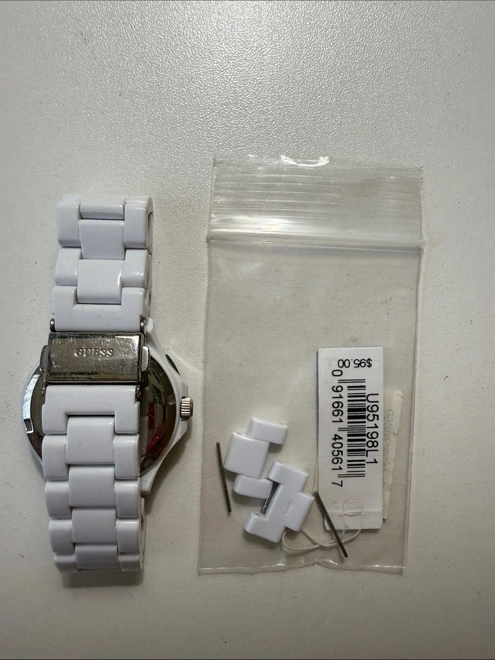 GUESS White Crystal-Trim Ceramic Bracelet Watch